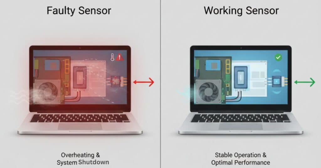 Comparison of an electronic device malfunctioning due to a faulty sensor versus normal operation with a working sensor.