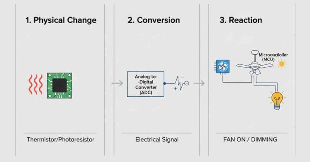 Diagram showing a sensor detecting heat or light, converting it into an electrical signal, and sending it to a controller for action.