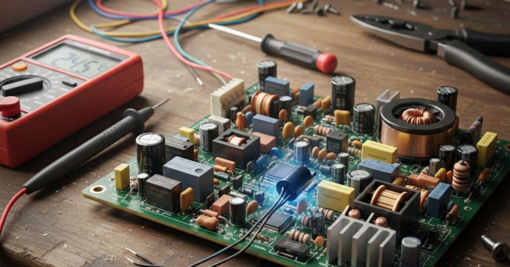 Temperature sensor mounted near the motor circuit on an AC/DC ceiling fan controller board during troubleshooting.