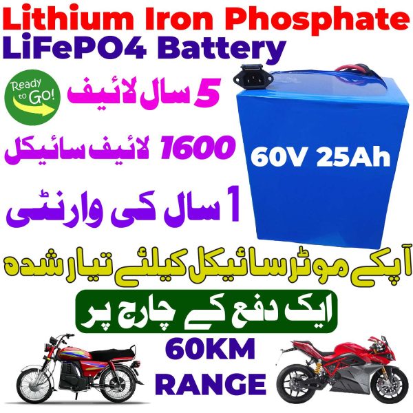 Original Lithium Iron Phosphate LiFePO4 Battery 60V 25Ah Cell Deep Cycles for Electric Bike EBike Electric Cycle 5 Year Life in Pakistan