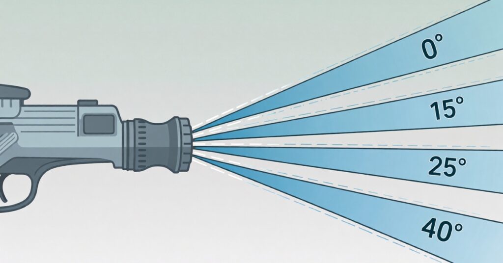 Pressure washer spray angle comparison showing 0°, 15°, 25°, and 40° spray patterns from a nozzle gun.