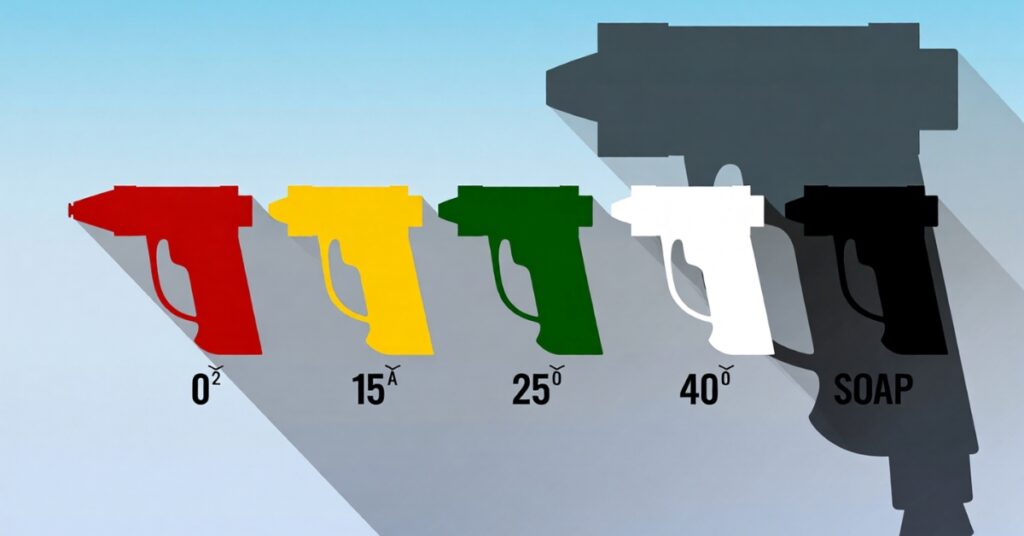 Pressure washer nozzle types infographic showing red 0°, yellow 15°, green 25°, white 40°, and black soap nozzle with labels