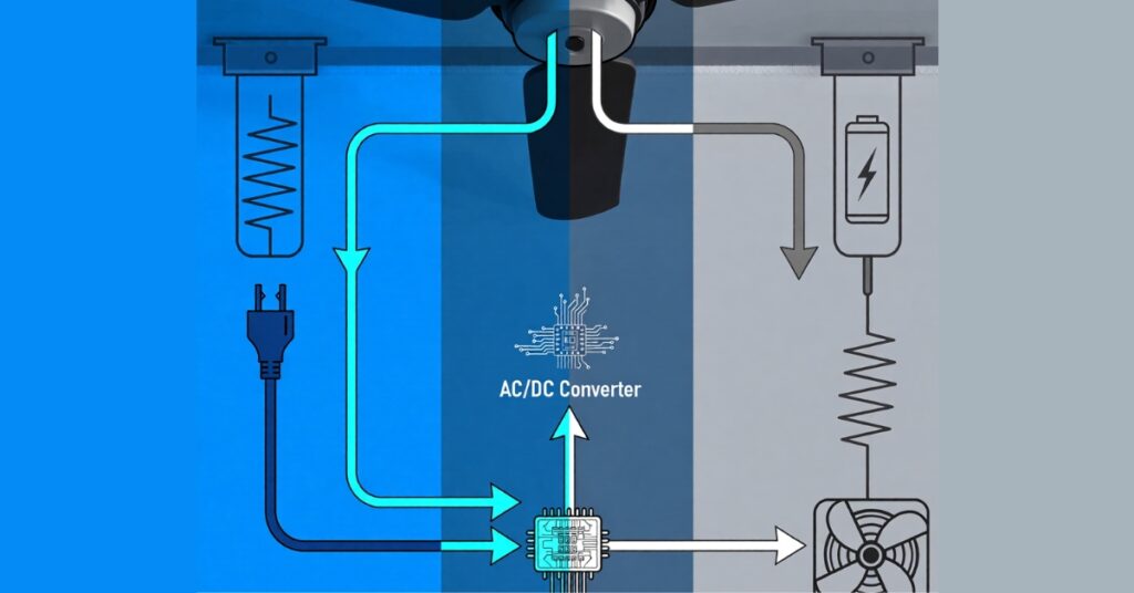 Simple diagram showing how AC and DC power flow through the fan circuit, converter, speed controller, and motor.