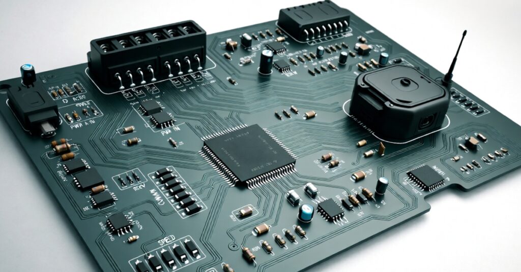 Illustration of a generic AC/DC fan circuit board showing key components like the switch module, remote receiver, and speed controller.