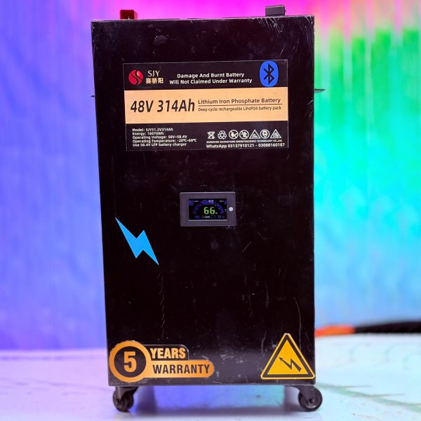 SJY 48V 314A LiFePO4 Metal Body Wheel Mount Bluetooth Lithium Iron Phosphate Battery Deep Cycles Powerwall for Solar Inverter System UPS in Pakistan