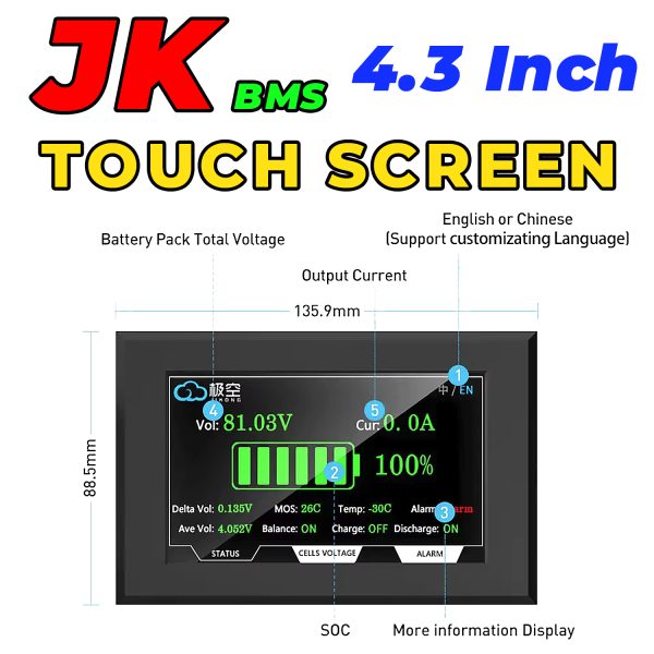 JIKONG Smart BMS Touch LCD 4.3 Inches JK BMS Display Screen Current Voltage Temperature SOC For Lithium Li-ion LiFePO4 LTO Battery in Pakistan