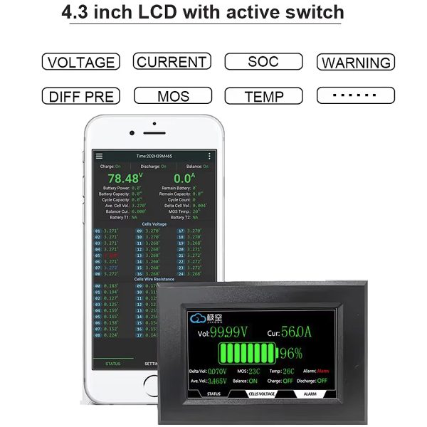 JIKONG Smart BMS Touch LCD 4.3 Inches JK BMS Display Screen Current Voltage Temperature SOC For Lithium Li-ion LiFePO4 LTO Battery in Pakistan