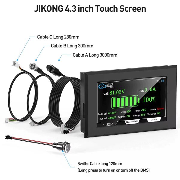 JIKONG Smart BMS Touch LCD 4.3 Inches JK BMS Display Screen Current Voltage Temperature SOC For Lithium Li-ion LiFePO4 LTO Battery in Pakistan