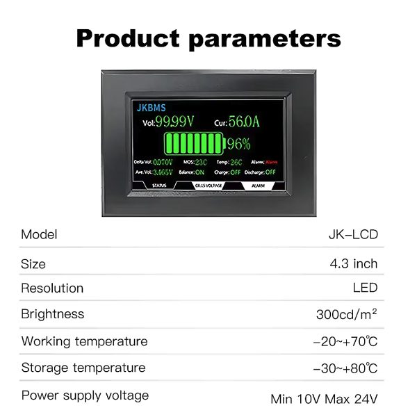 JIKONG Smart BMS Touch LCD 4.3 Inches JK BMS Display Screen Current Voltage Temperature SOC For Lithium Li-ion LiFePO4 LTO Battery in Pakistan