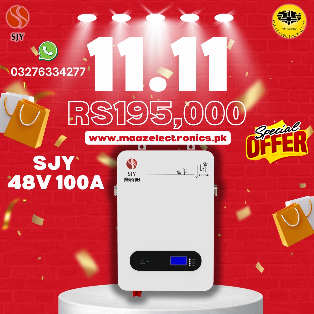 SJY 48V 100A LiFePO4 Digital Display Wall Mount Lithium Iron Phosphate Battery Deep Cycles Powerwall for Solar Inverter System UPS 15 Year Life 5 Year Warranty in Pakistan 11.11 Sale
