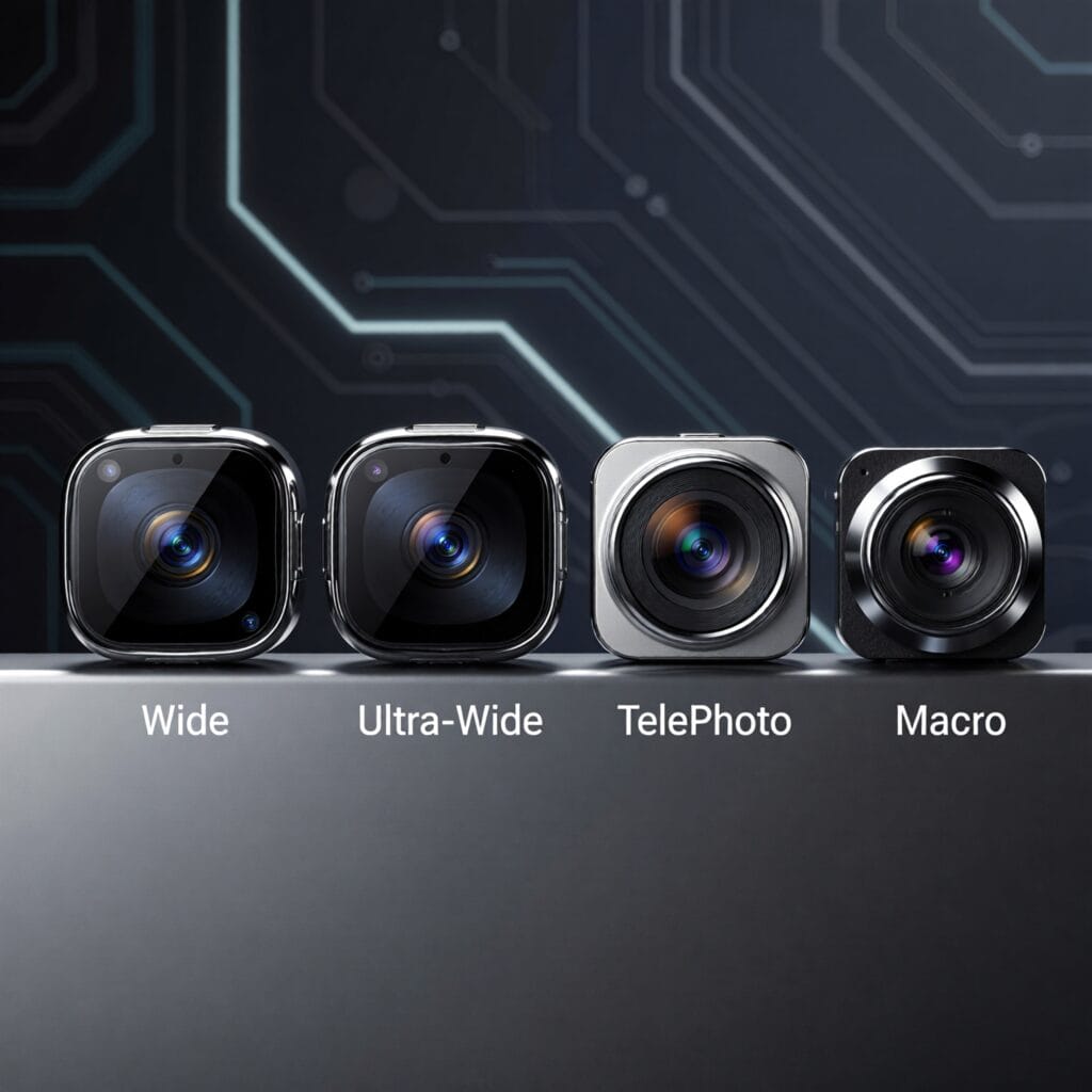 Different types of smartphone camera modules including wide, ultra-wide, telephoto, and macro lenses displayed side by side