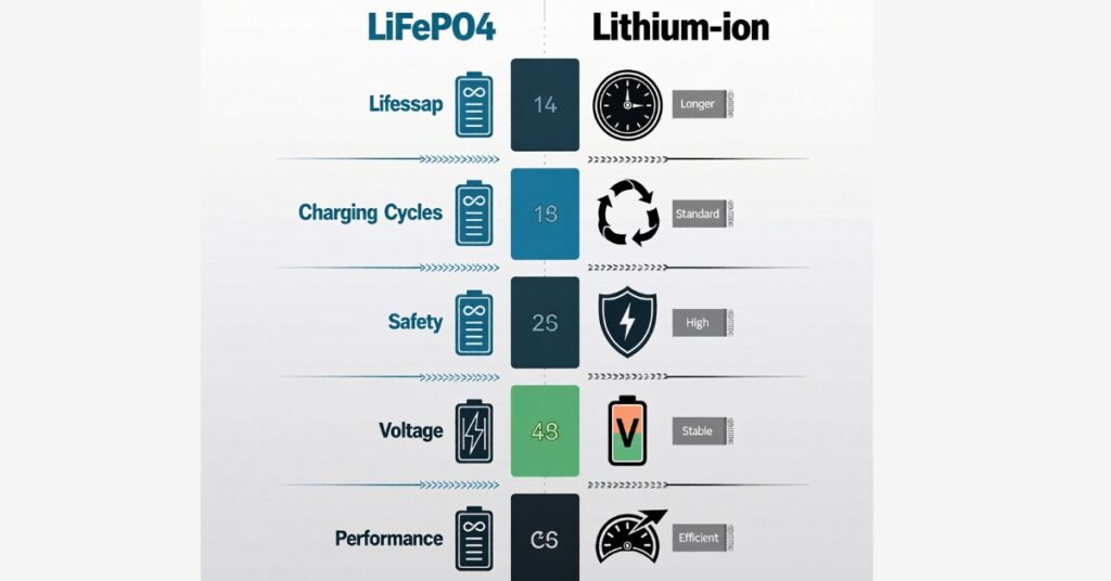 Infographic comparing LiFePO4 and Lithium-ion e-bike batteries
