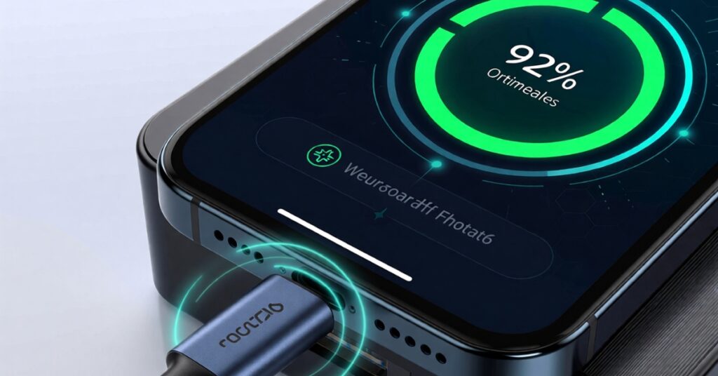 A smartphone connected to a certified charger with a high battery-health indicator, showing safe charging practices.