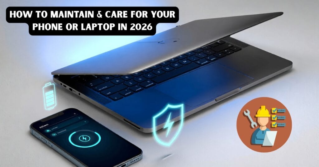 A smartphone and laptop on a clean desk with battery, security update, and safe charging icons illustrating device maintenance in 2026.