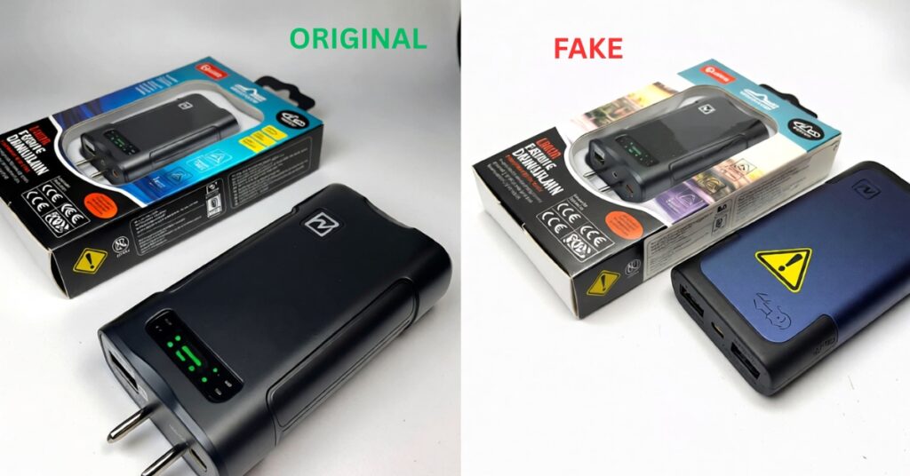 Original and fake chargers placed side-by-side, showing differences in build quality, packaging, and safety labels.