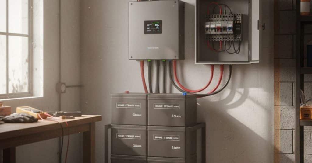 Home battery inverter connected to a battery bank and DC protection components.