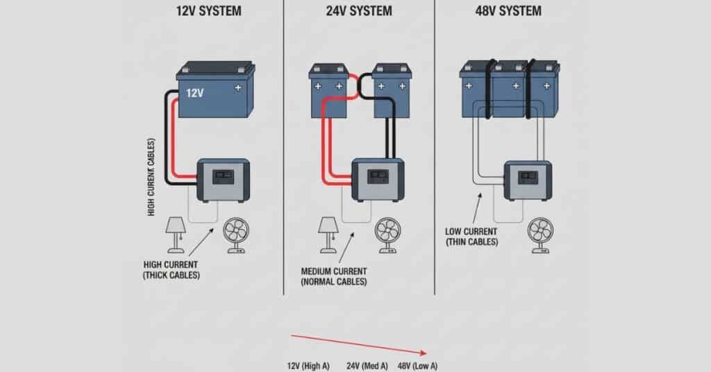 Comparison of 12V, 24V, and 48V battery systems connected to inverters.