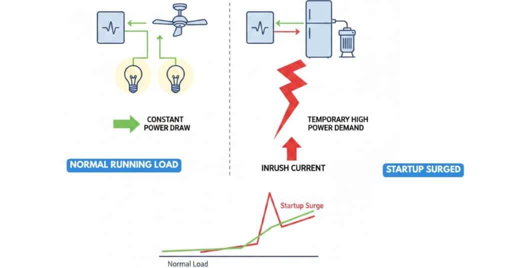 Illustration showing inverter power surge when a motor-driven appliance starts.