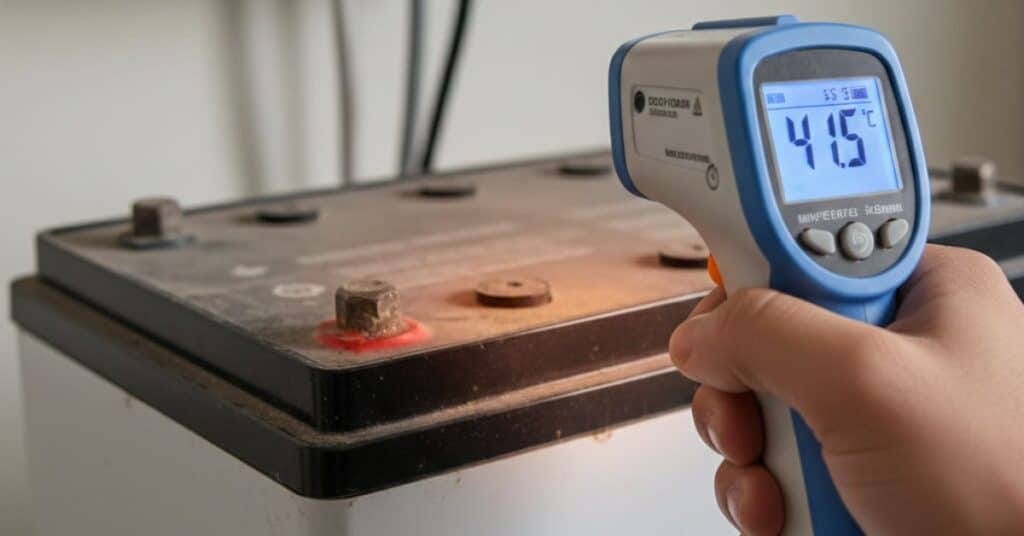 Infrared thermometer measuring high temperature on inverter battery surface
