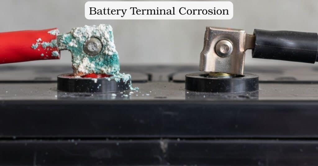 Close-up image of corroded inverter battery terminal with white buildup