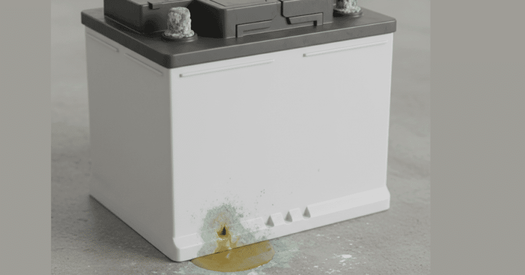 Lead-acid inverter battery showing small electrolyte leakage at the base