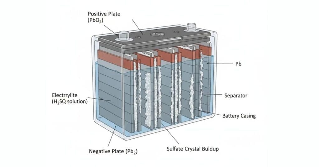 Detailed cross-section illustration of a lead-acid battery showing internal lead plates and sulfate crystal buildup on the plates