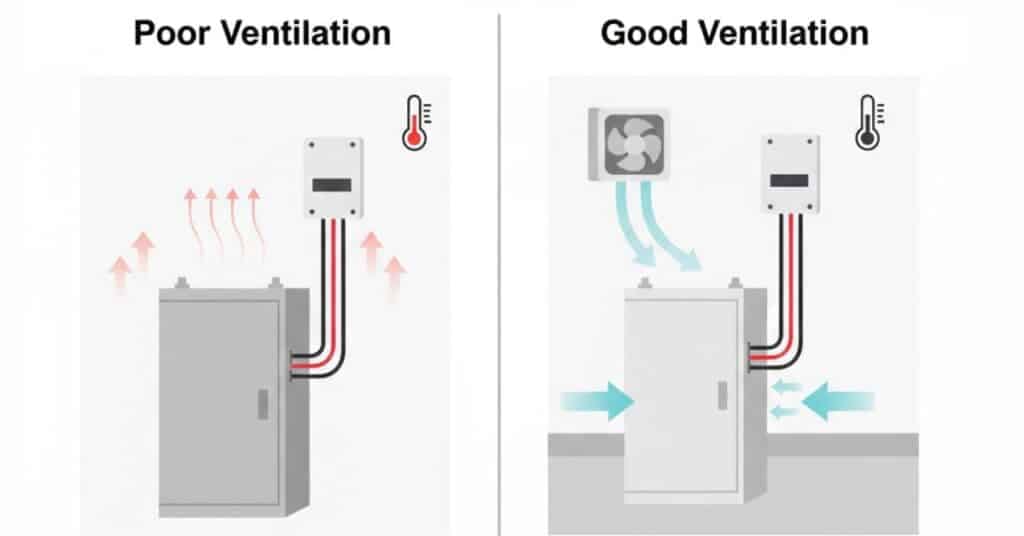 Comparison showing inverter battery in sealed cabinet vs ventilated room