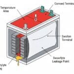 Infographic showing warning signs of a home inverter battery becoming a safety risk, including overheating, swelling, corrosion, and leakage