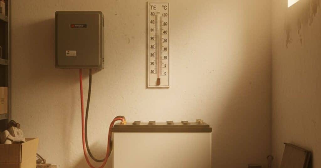Inverter battery installed in a hot room with thermometer showing high temperature