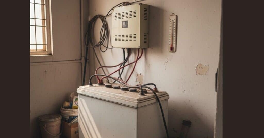 The battery casing shows slight swelling and dust.