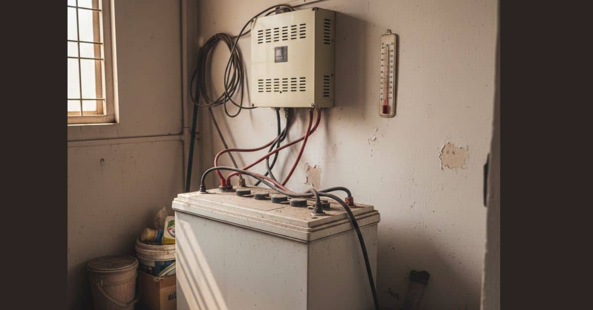 The battery casing shows slight swelling and dust.