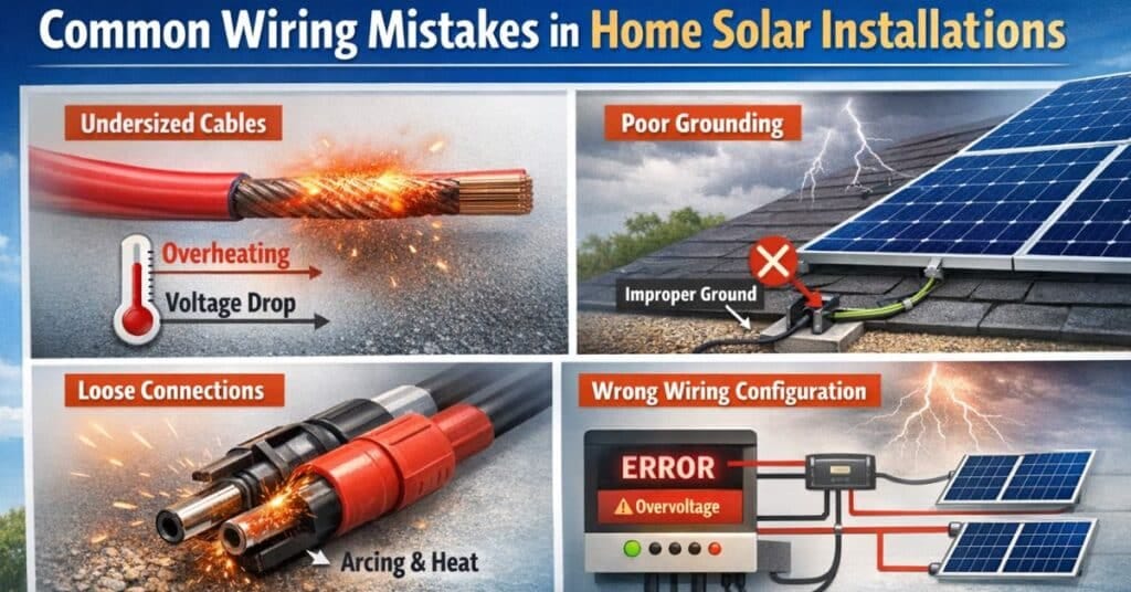 Infographic showing common wiring mistakes in home solar installations including undersized cables causing overheating, poor grounding near solar panels, loose MC4 connections creating arcing, and incorrect series wiring leading to inverter overvoltage errors.