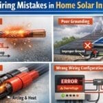 Infographic showing common wiring mistakes in home solar installations including undersized cables causing overheating, poor grounding near solar panels, loose MC4 connections creating arcing, and incorrect series wiring leading to inverter overvoltage errors.