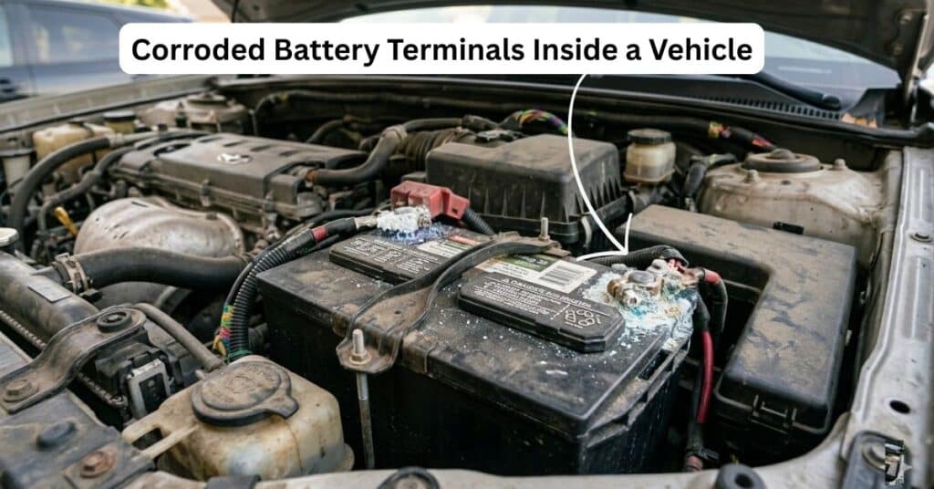 Car battery installed in engine bay showing heavy white and blue corrosion on the terminals.