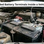 Car battery installed in engine bay showing heavy white and blue corrosion on the terminals.