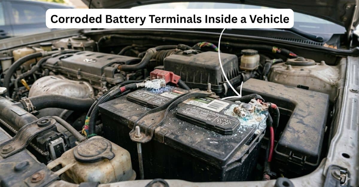 Car battery installed in engine bay showing heavy white and blue corrosion on the terminals.
