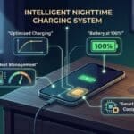 Infographic showing smartphone charging overnight with optimized battery charging and heat management indicators