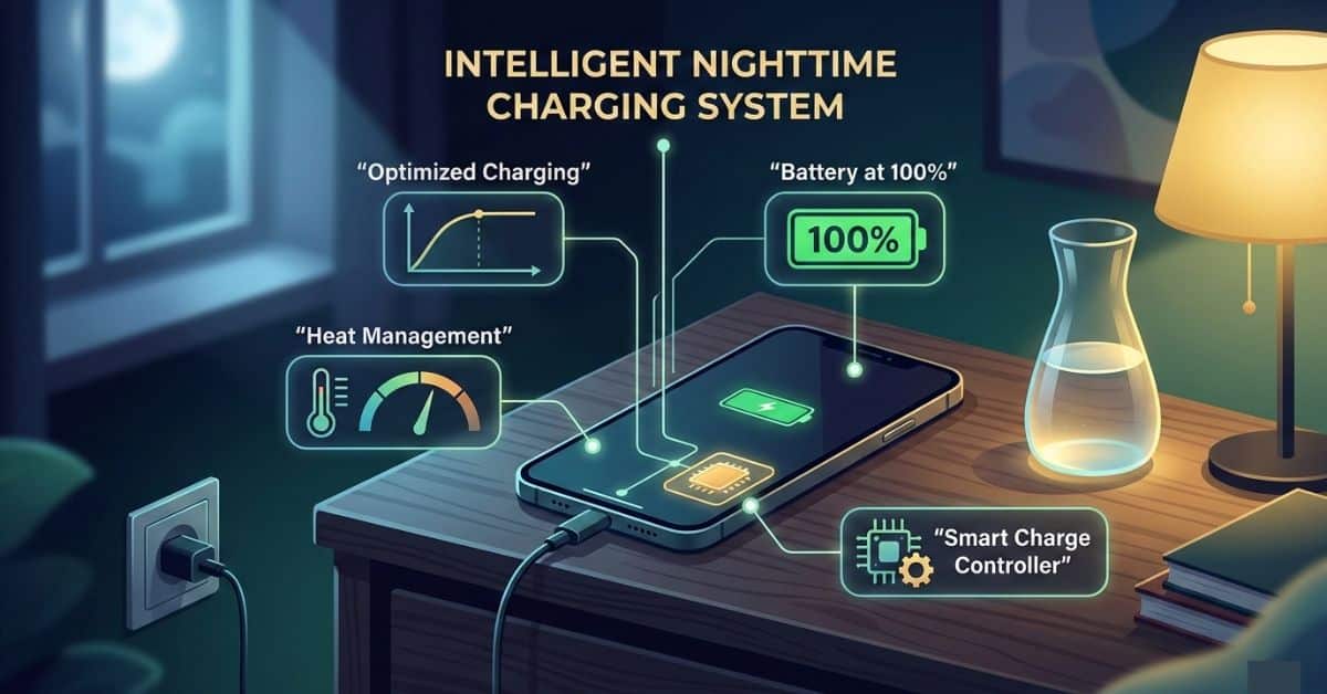 Infographic showing smartphone charging overnight with optimized battery charging and heat management indicators