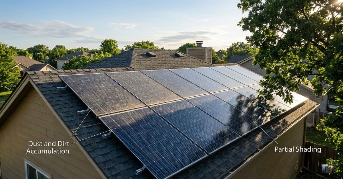 Residential rooftop solar panels covered with a thin layer of dust reducing sunlight absorption.