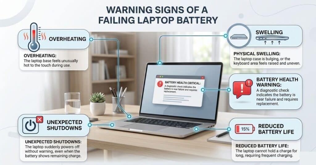 Infographic showing early warning signs of laptop battery failure including swelling, overheating, and reduced battery life
