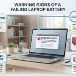 Infographic showing early warning signs of laptop battery failure including swelling, overheating, and reduced battery life