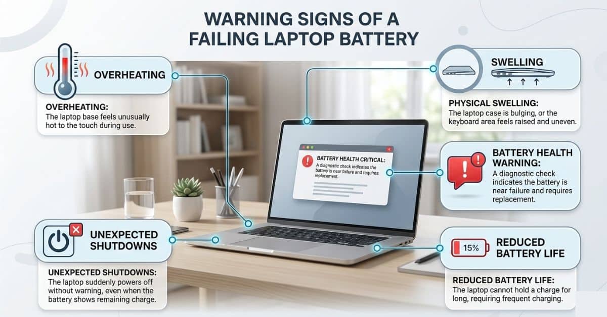 Infographic showing early warning signs of laptop battery failure including swelling, overheating, and reduced battery life