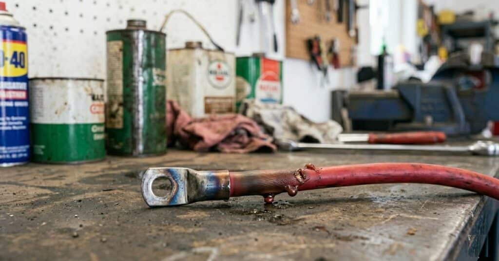 Battery cable with melted insulation near terminal caused by high resistance connection.