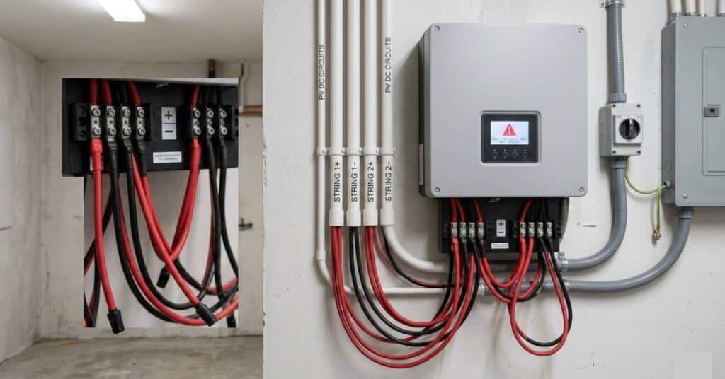 Residential solar inverter installation with improperly arranged DC input wiring causing system warning.