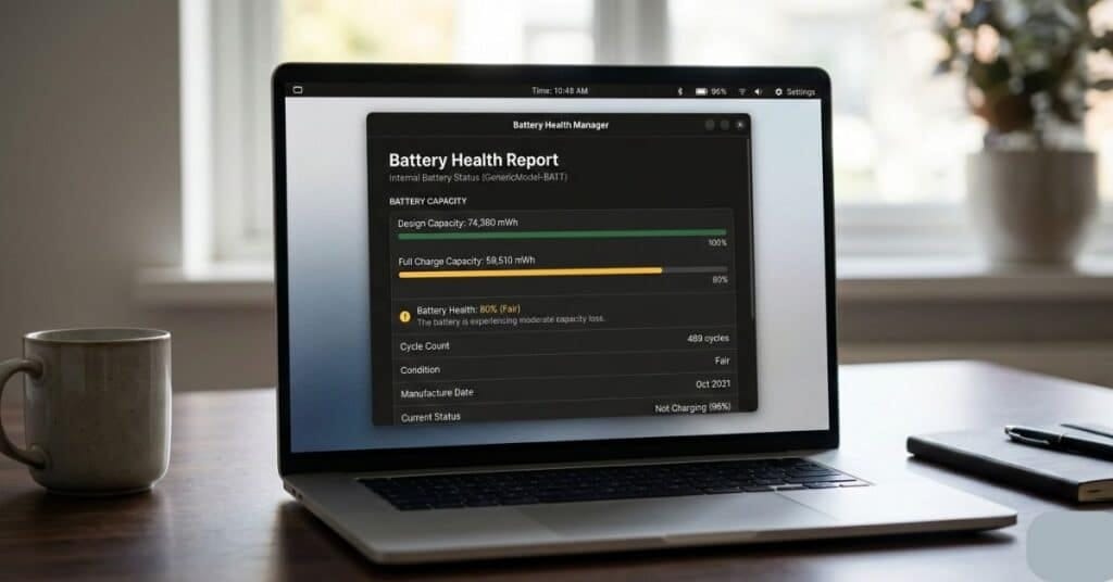 Laptop screen showing battery report with reduced full charge capacity compared to design capacity