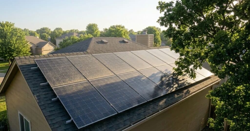 Solar panel partially shaded by tree branches during late afternoon sunlight.