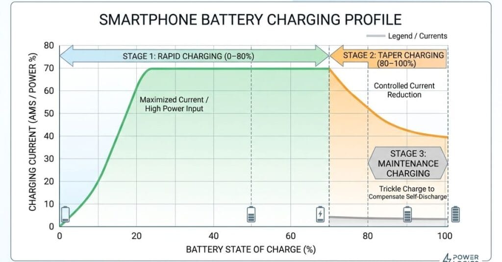 Graph showing rapid charging from 0 to 80 percent and slower taper charging to 100 percent