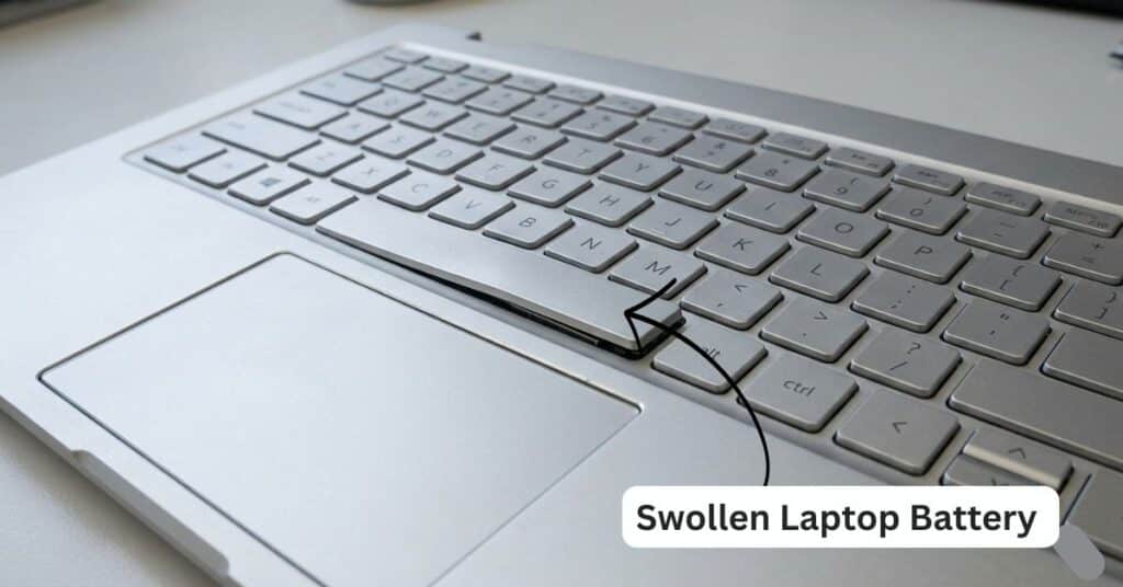 Laptop with slightly raised keyboard caused by swollen internal battery