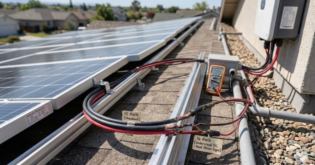 Undersized DC cables connected to rooftop solar panels showing insulation discoloration from heat buildup in a residential solar system.
