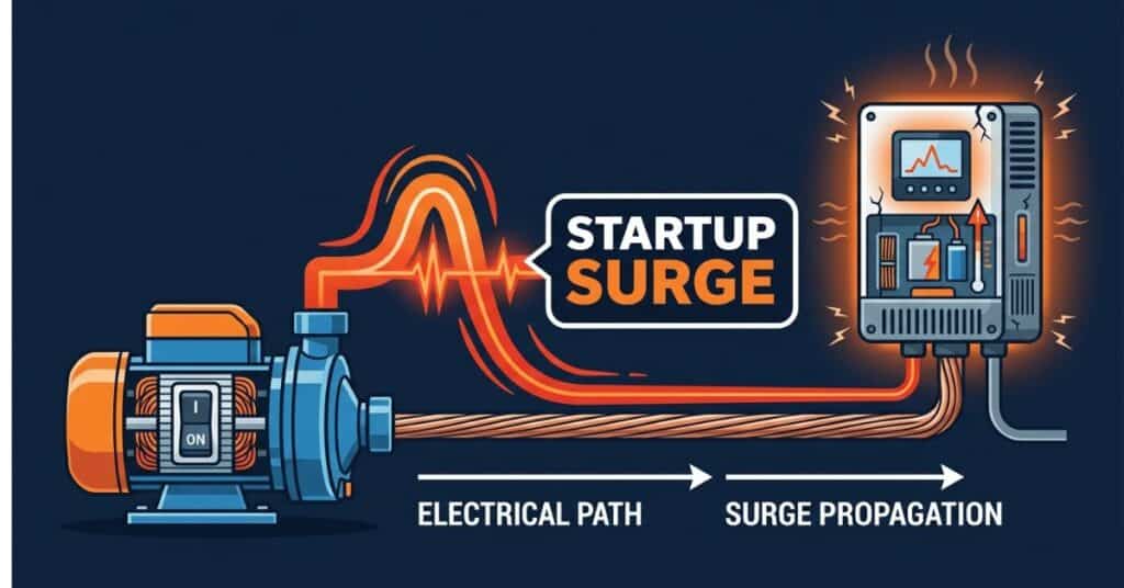 Diagram showing inrush current startup surge traveling from motor appliance to inverter